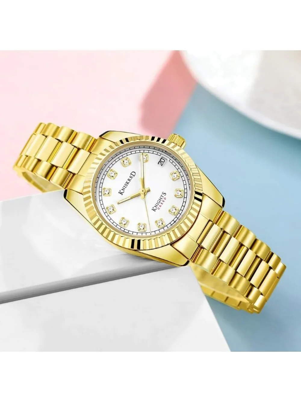 Women's Gold White Crystal Accented Dial Solid Stainless Steel Band Wrist Watch